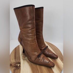 Prada Milano Brown Leather Mid-Calf Heeled Boots with Brogue Toe and Bow